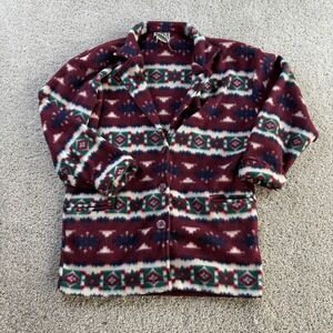 Vintage Aztec Geometric Southwestern Coat Womens Small Red Fleece Mid Length